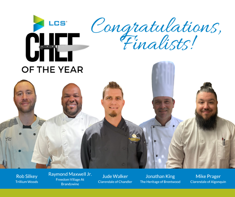 Poster saying Chef of the Year, Congratulations finalists! With 5 chefs smiling at the camera.