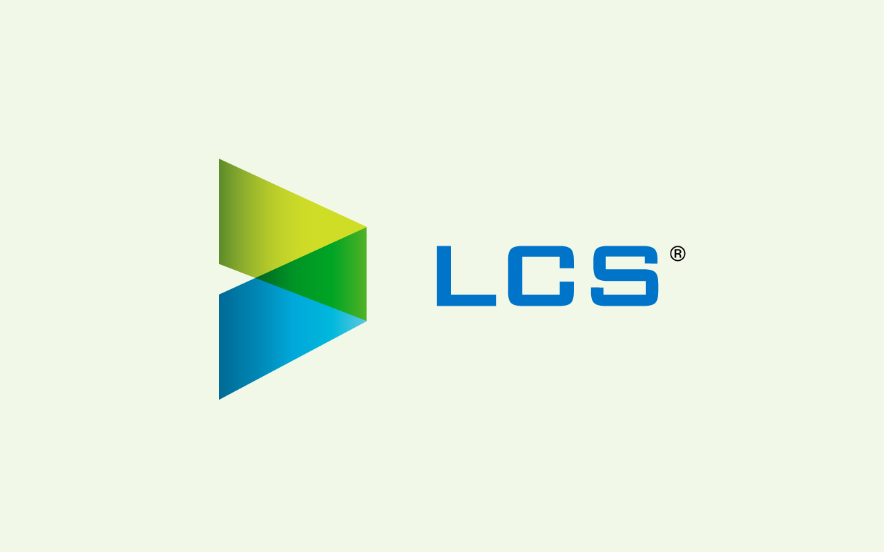 Logo. A green-yellow slanted rectangle slanting down left to right and a blue rectangle slanting down right to left, the color green where they overlap, followed by the letters LCS in blue.
