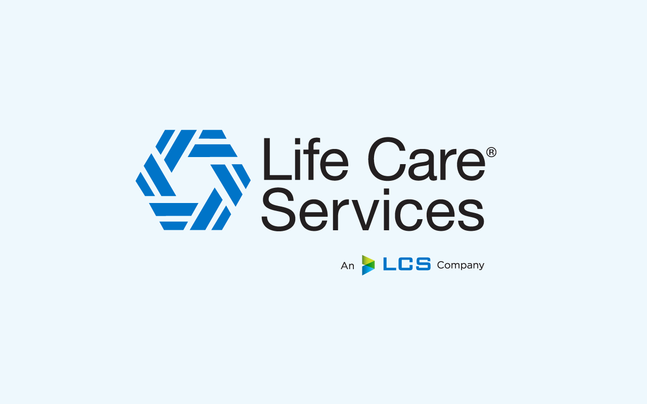 Logo. A hexagon made of two bands of blue stripes followed by the words Life Care Services, an LCS Company.